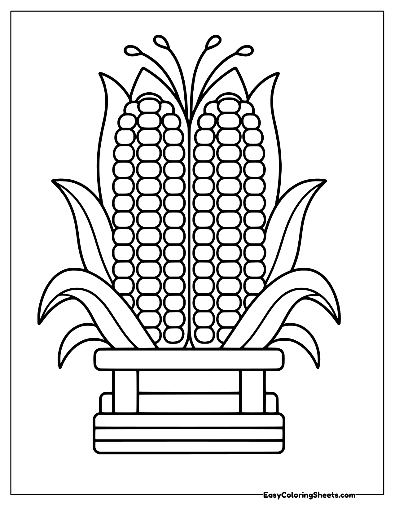 Two tall ears of corn stand side by side on a wooden stand with their leafy husks spreading out.