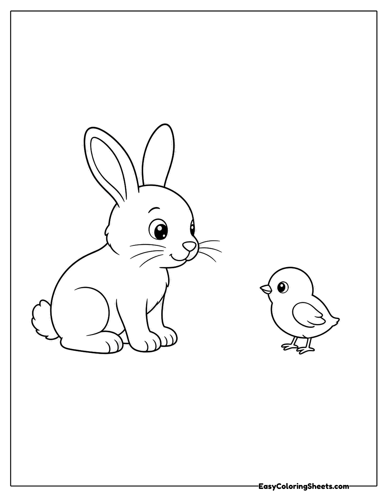 Rabbit sitting and looking at a small round chick