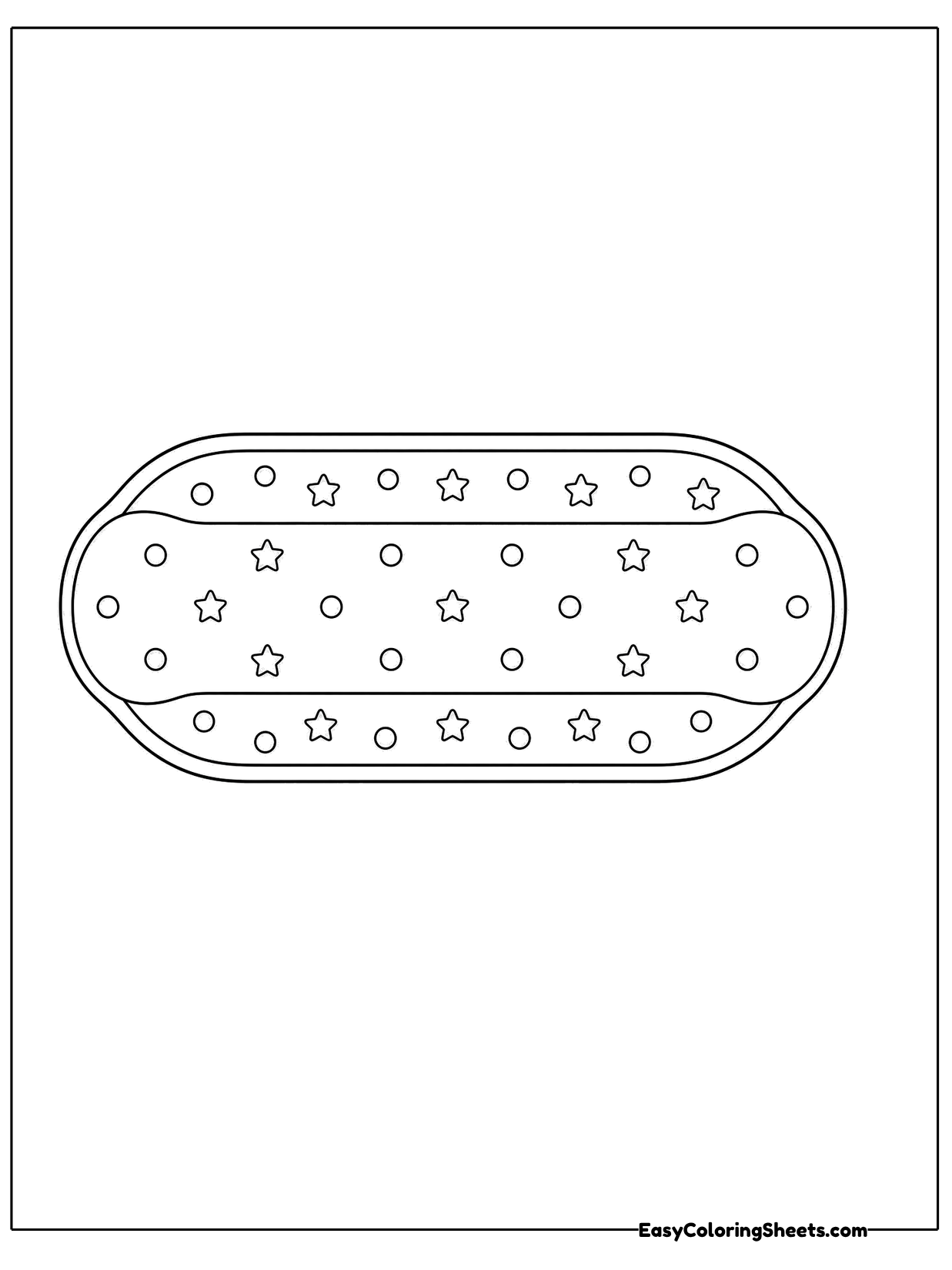 A long oval skateboard deck seen from above is sprinkled with little stars and dots.