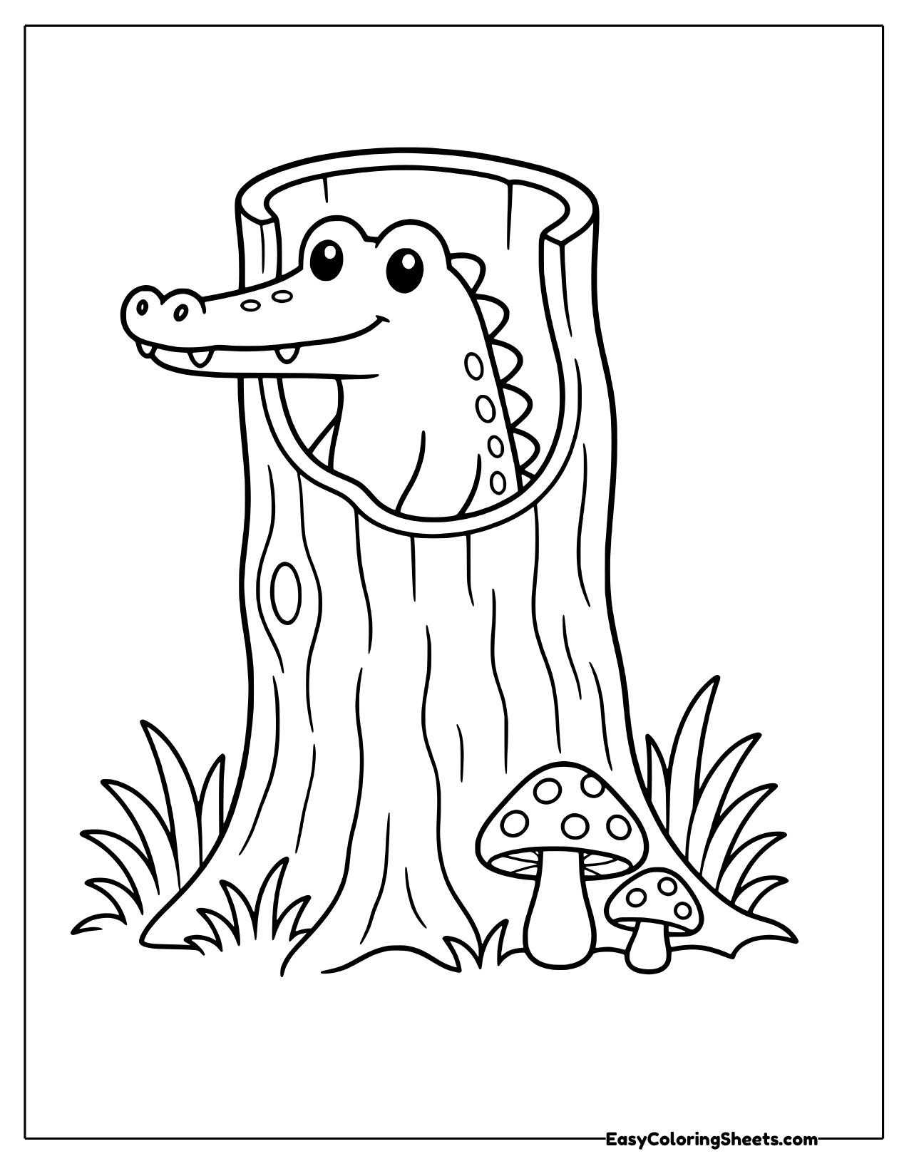 Crocodile peeking from a hollow tree stump