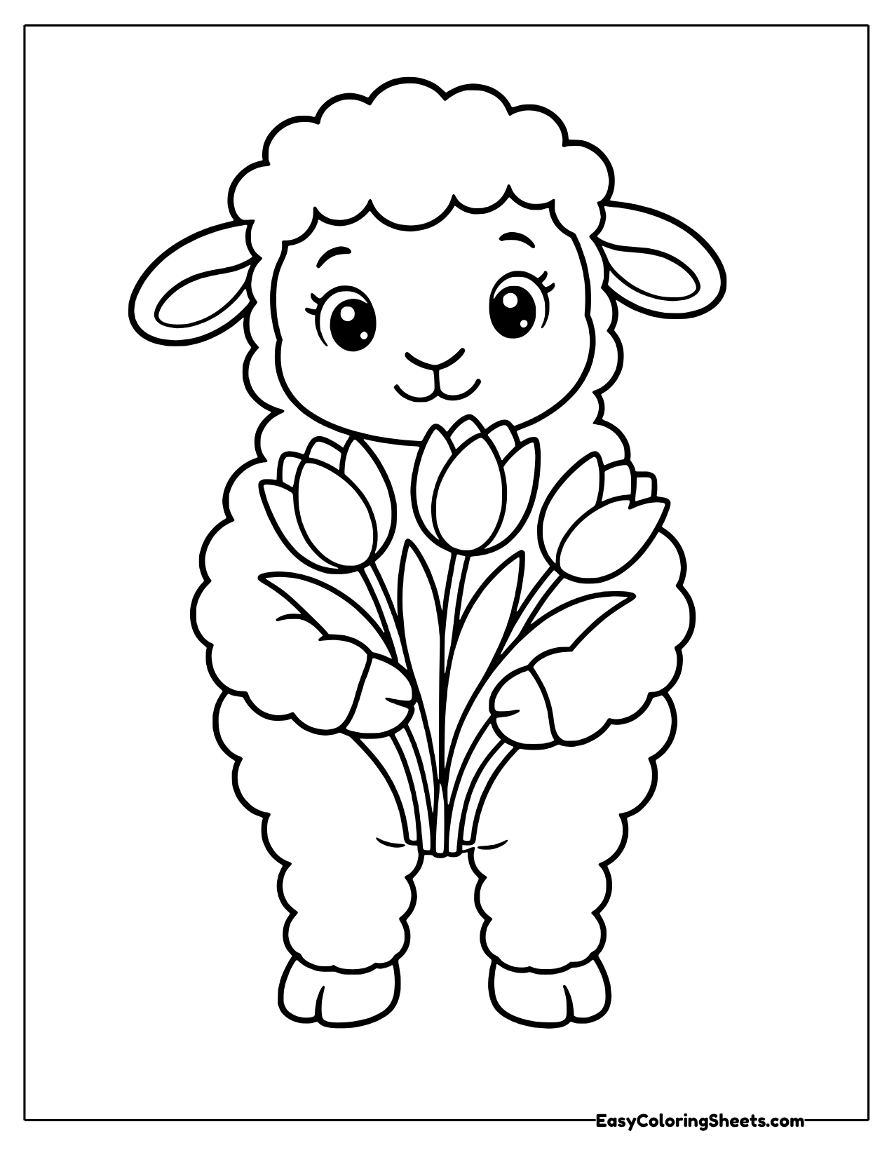 Fluffy lamb standing and holding a bunch of tulips