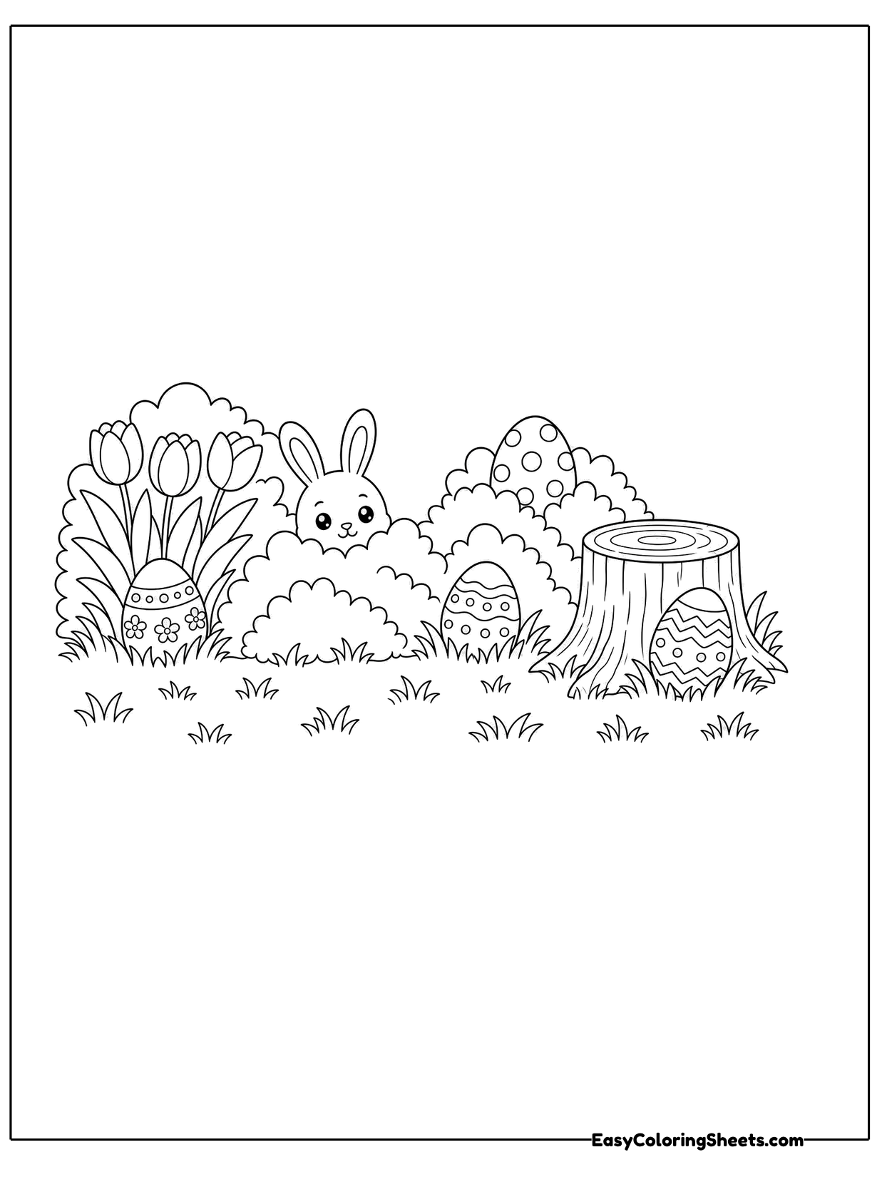 A bunny peeks from behind bushes in a garden where Easter eggs are hidden near a tree stump.