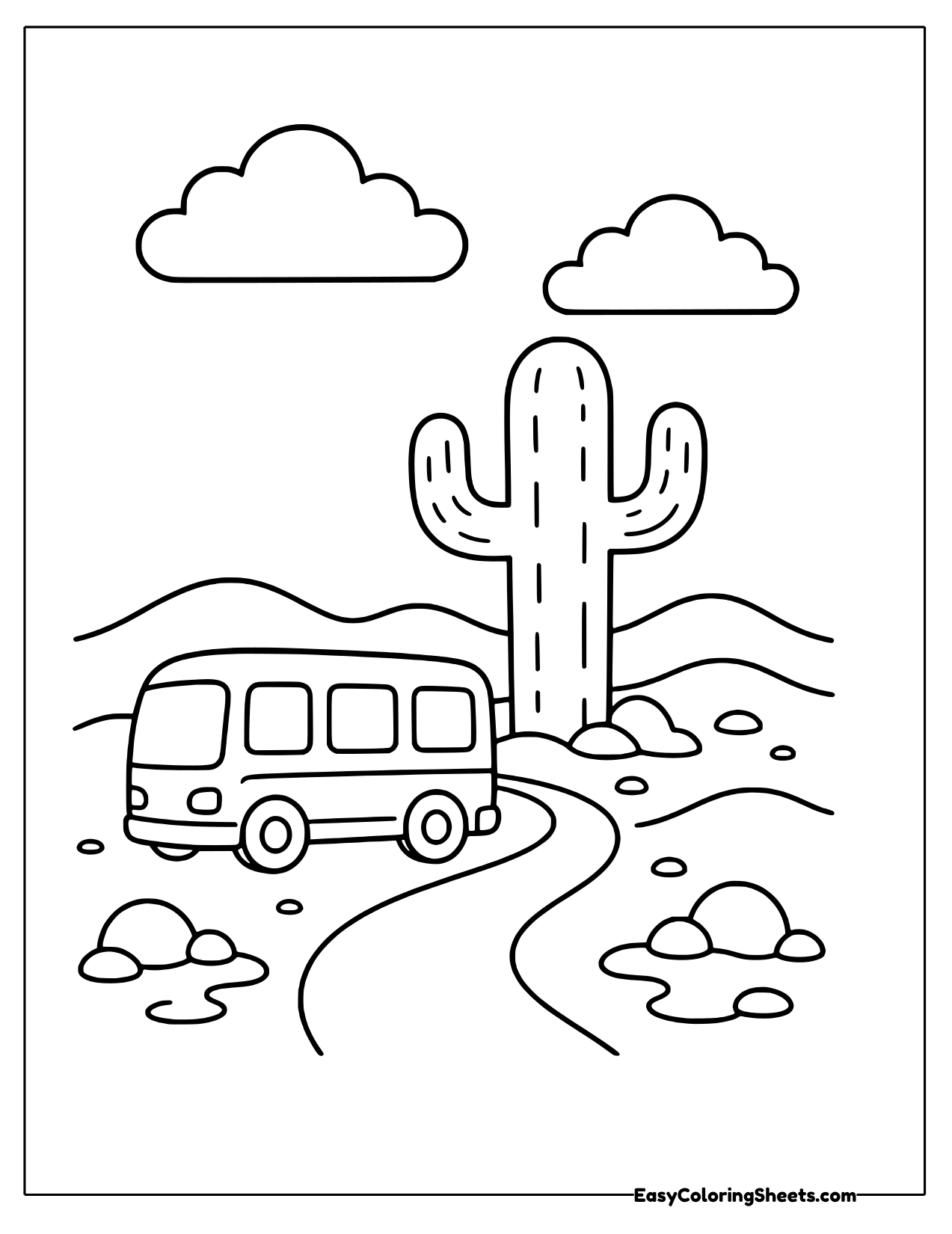 Bus driving through a desert past a cactus