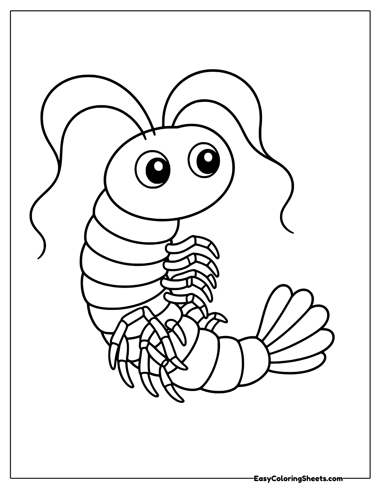 Curled cartoon shrimp with long antennae, many legs and a fan tail