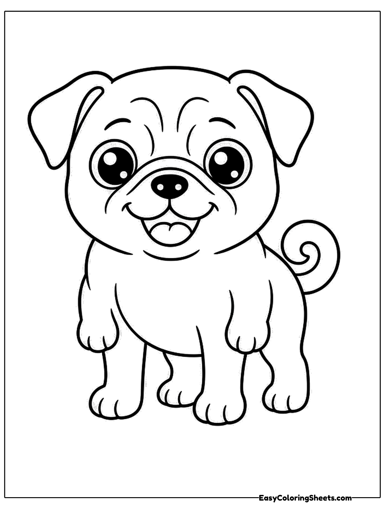 A pug puppy stands on four short legs with large round eyes and a happy open mouth.