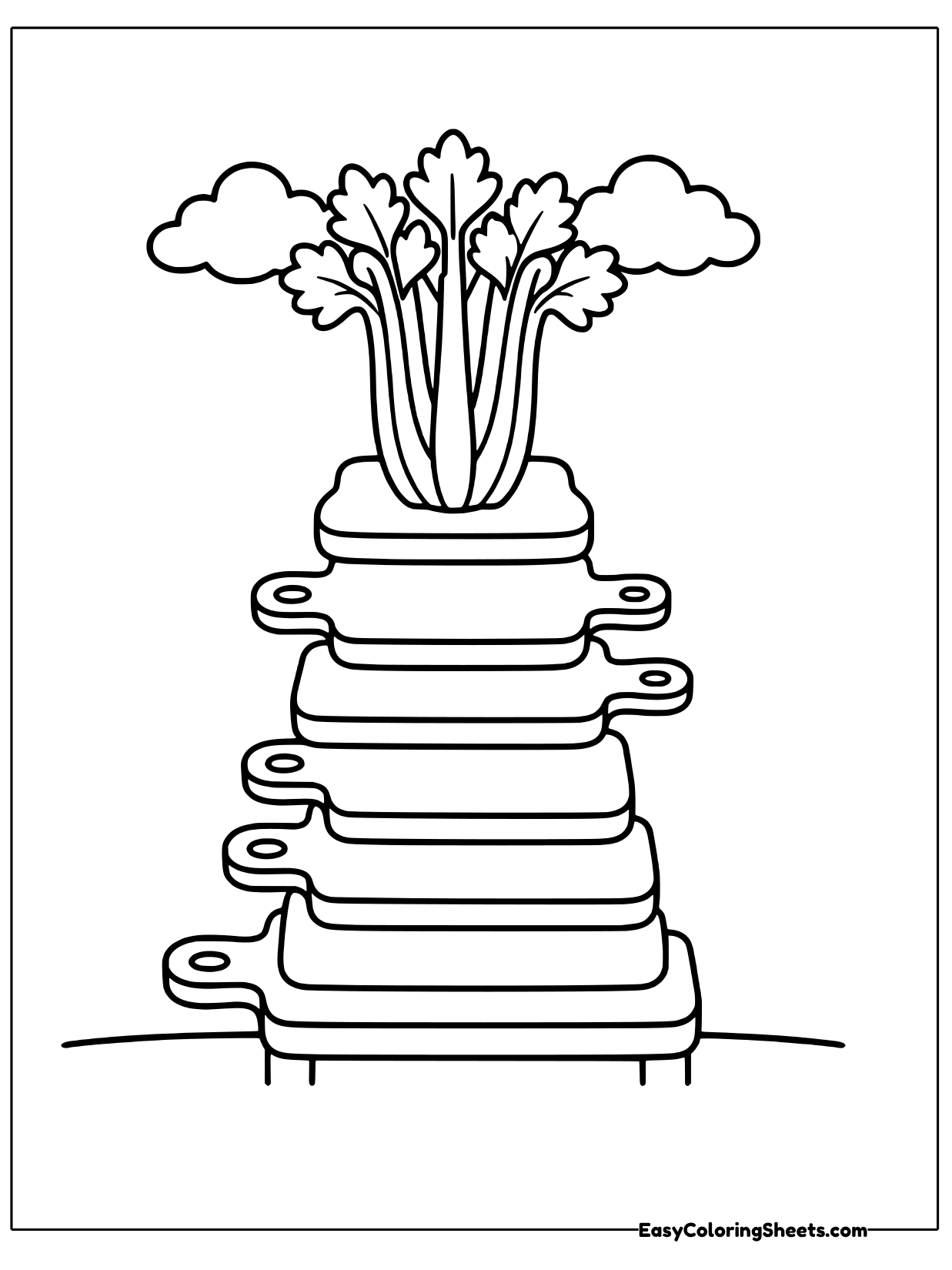 A bunch of celery stands on top of a tall stack of cutting boards with handles pointing in different directions.
