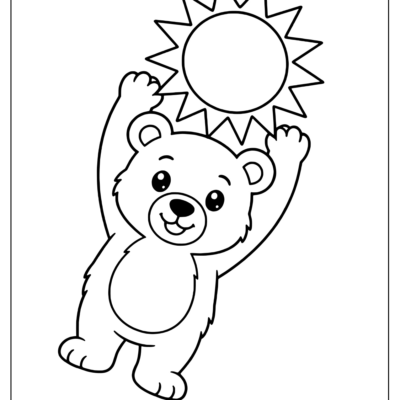 Smiling bear cub holding a big sun with pointed rays above its head
