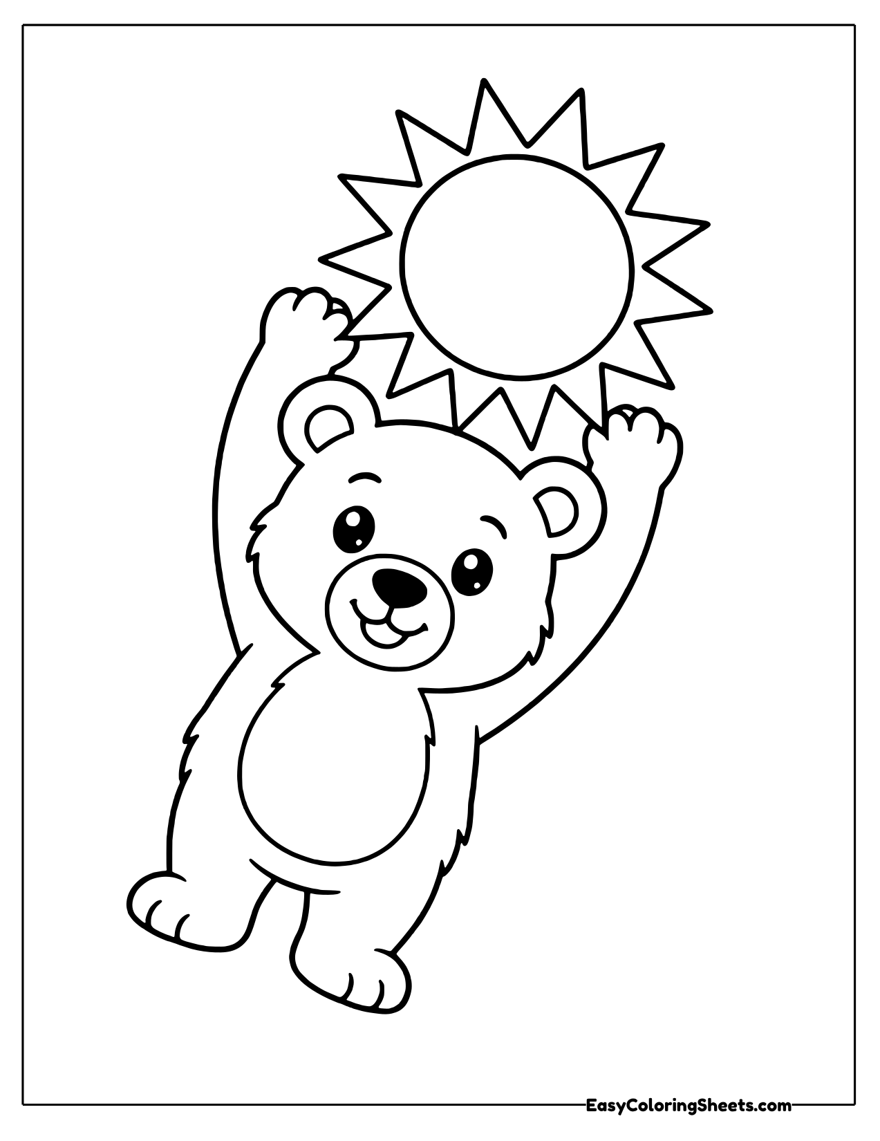 Smiling bear cub holding a big sun with pointed rays above its head