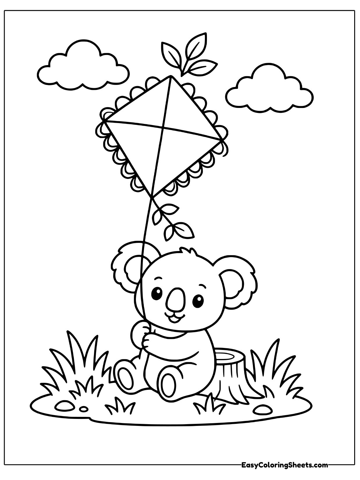 A koala sits in the grass holding a string that rises to a diamond kite among the clouds.