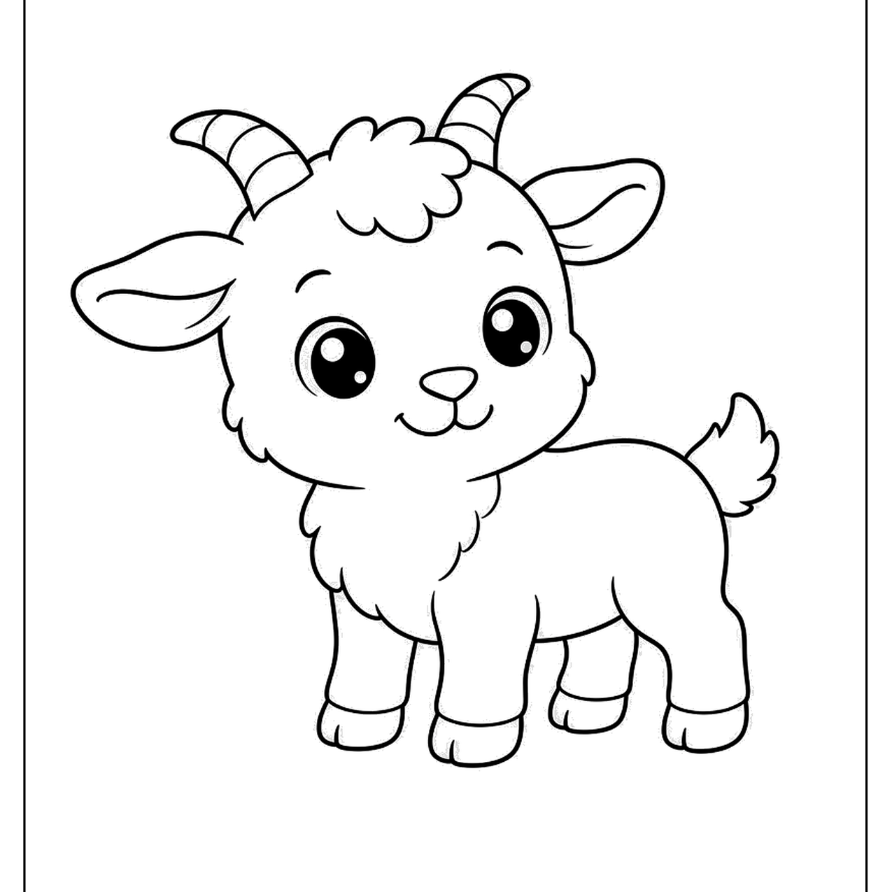 Fluffy baby goat standing with small curved horns