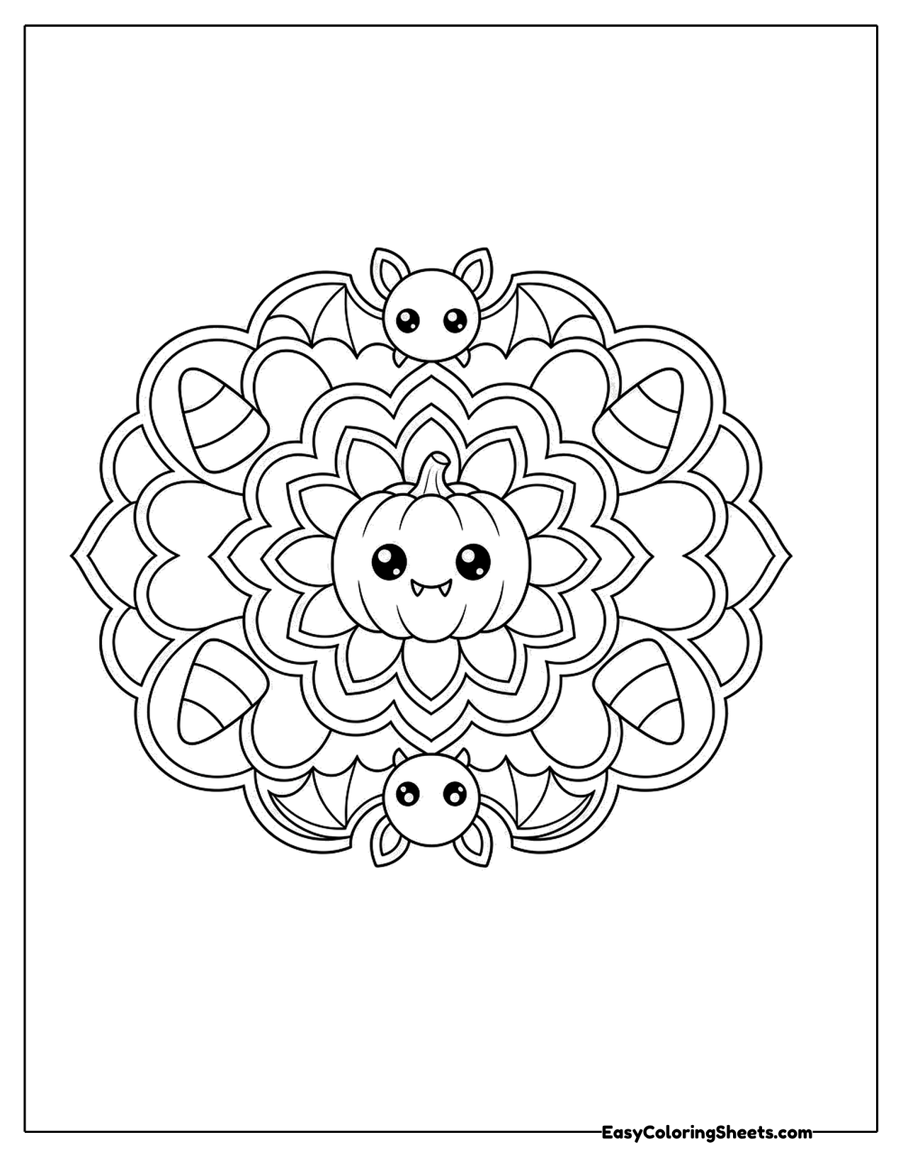 Easy Halloween mandala with a smiling pumpkin center