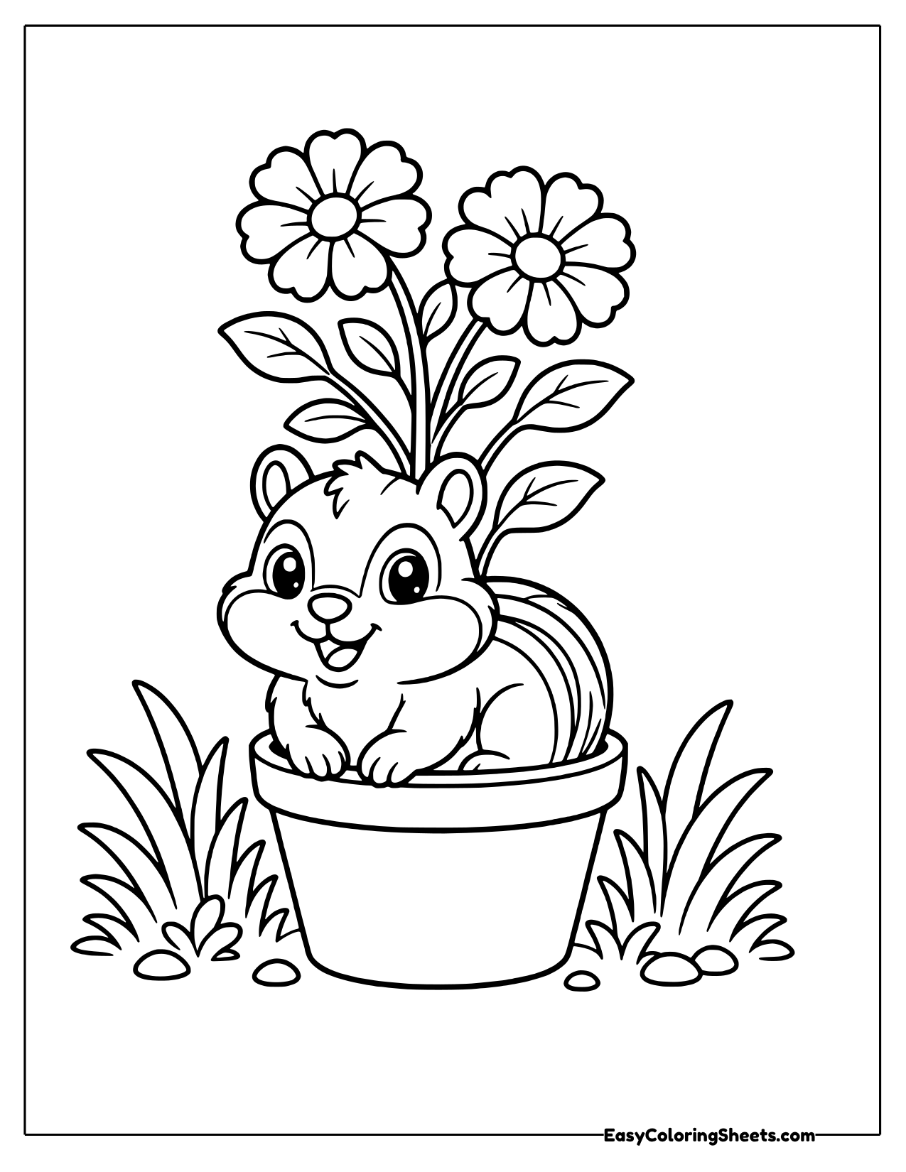 Chipmunk sitting in a flower pot