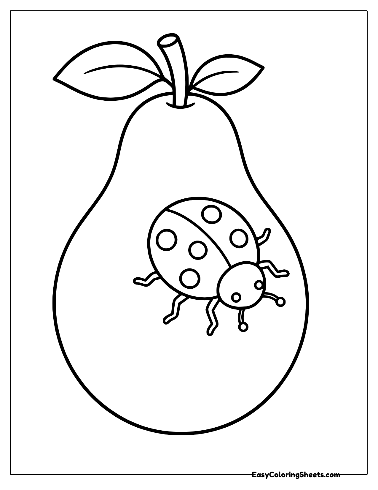 Spotted ladybug crawling across the front of a tall pear