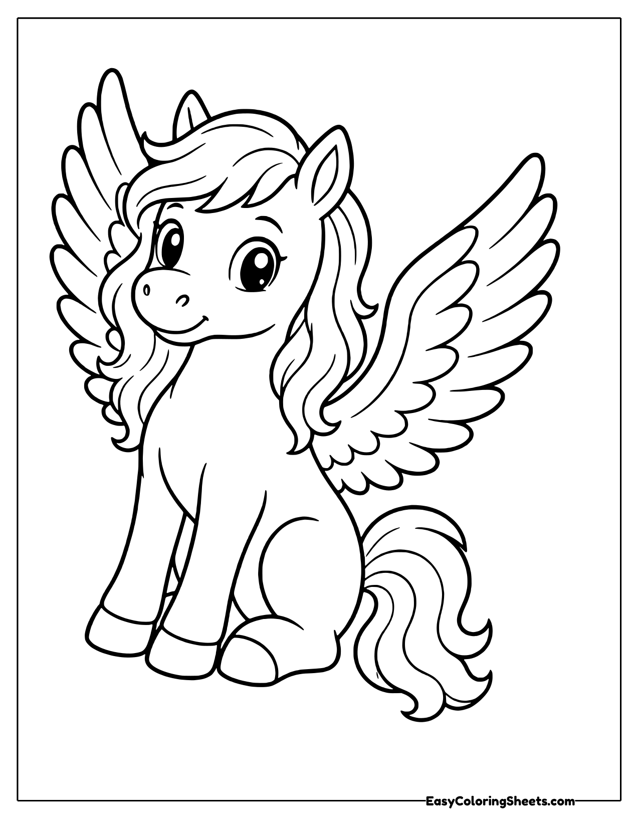 Pegasus sitting on the ground with both feathered wings raised high