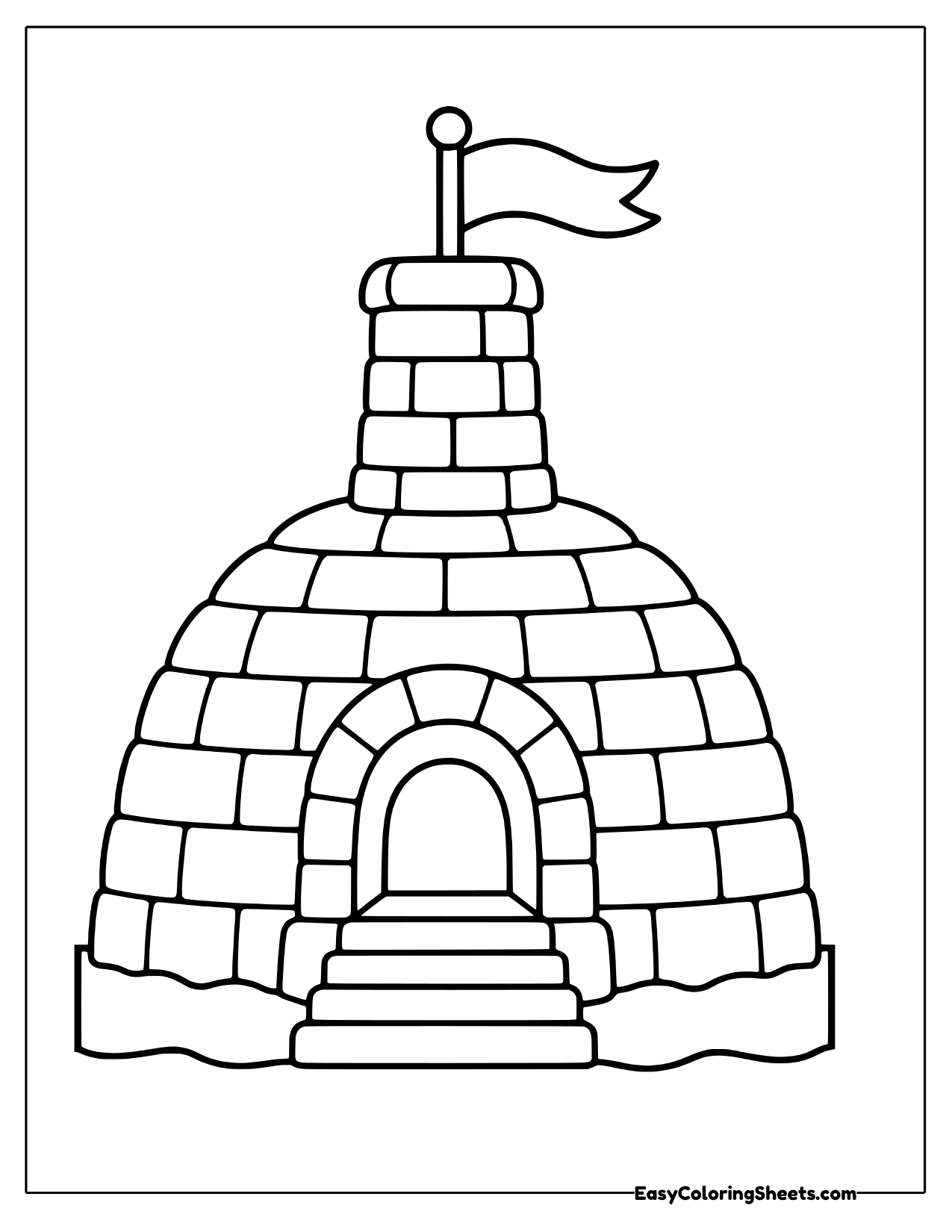 Igloo with a chimney tower, steps and a flag