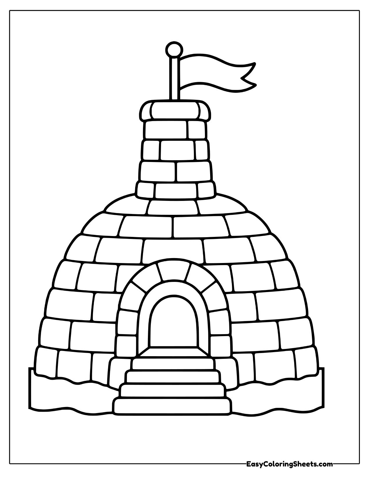 Igloo with a chimney tower, steps and a flag