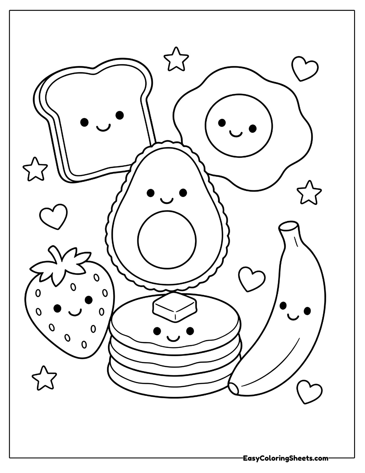 Kawaii food friends with toast, avocado and pancakes