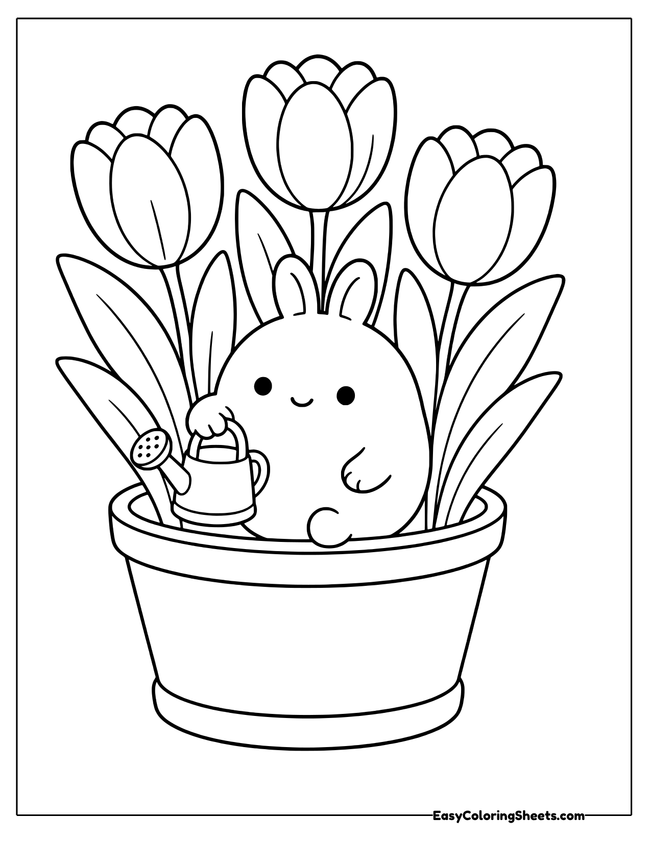 Molang sitting in a flower pot with three tulips holding a small watering can