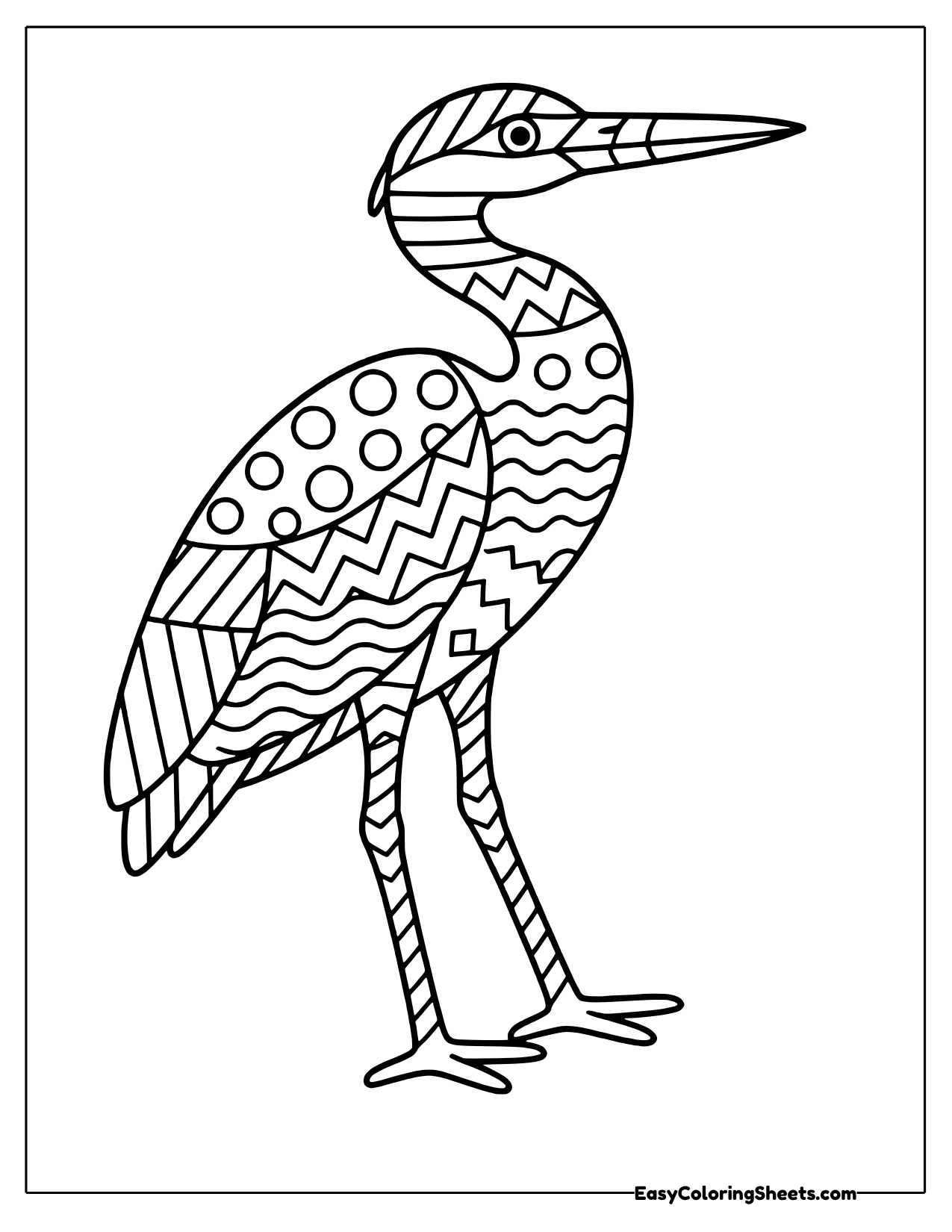 Tall heron with a body split into sections of circles, zigzags, waves and stripes