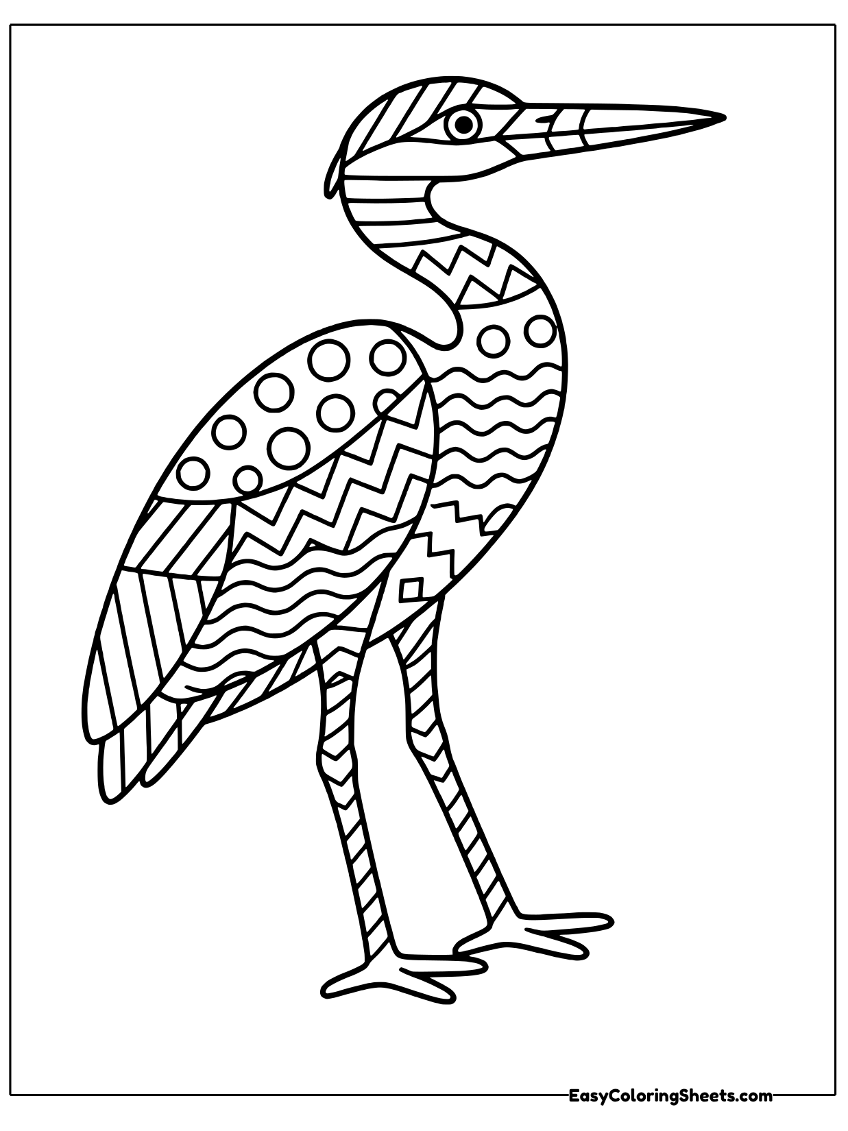 A tall heron stands on long thin legs with its sharp beak pointing forward.