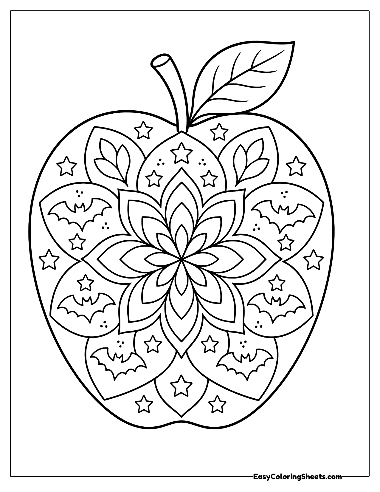Apple shaped mandala with a central flower, small bats, stars and a leaf on the stem