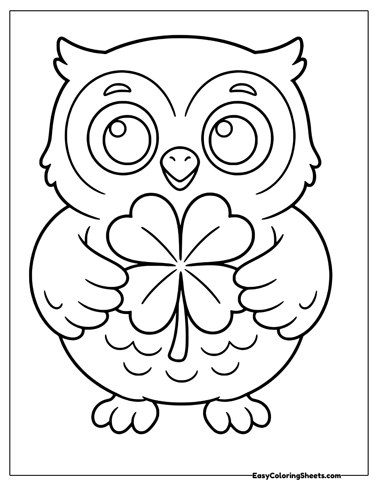 Round owl with big eyes holding a four-leaf clover with both wings