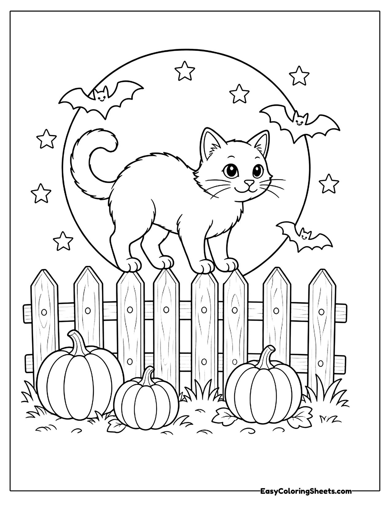 Cat walking along a picket fence in front of a full moon with bats and pumpkins