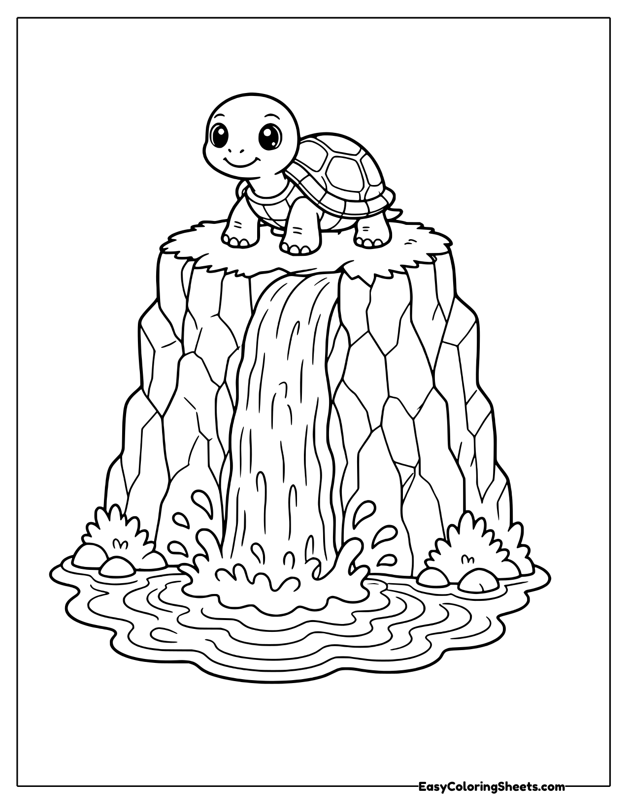 Turtle on a ledge above a waterfall