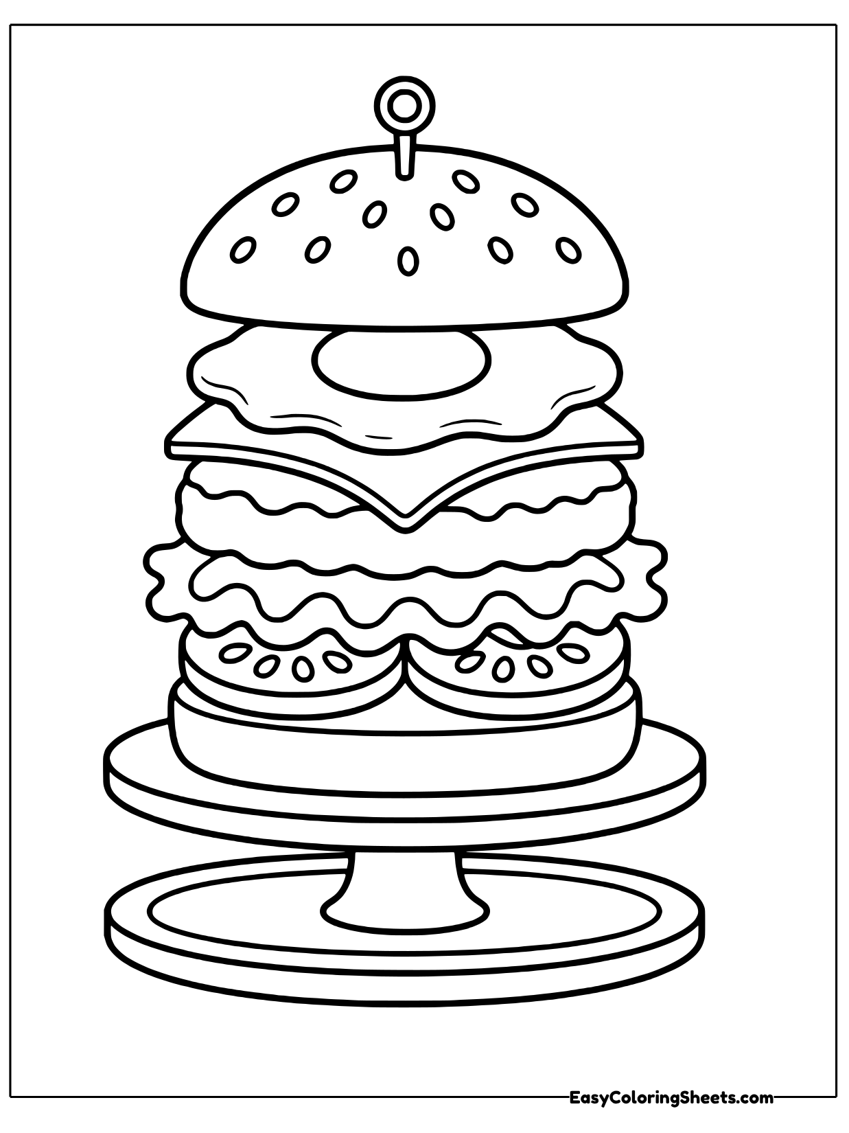 A tall burger with a fried egg tucked between the patties stands on a round plate.