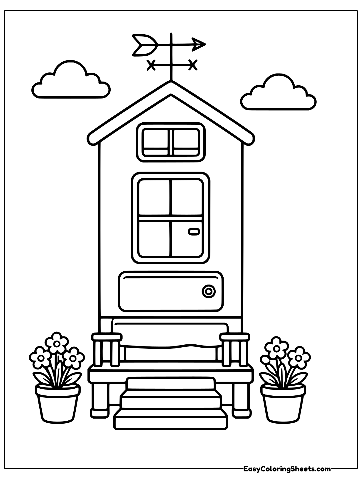 A tiny cabin style camper with a pointed roof, a weathervane and front steps sits between two flower pots.