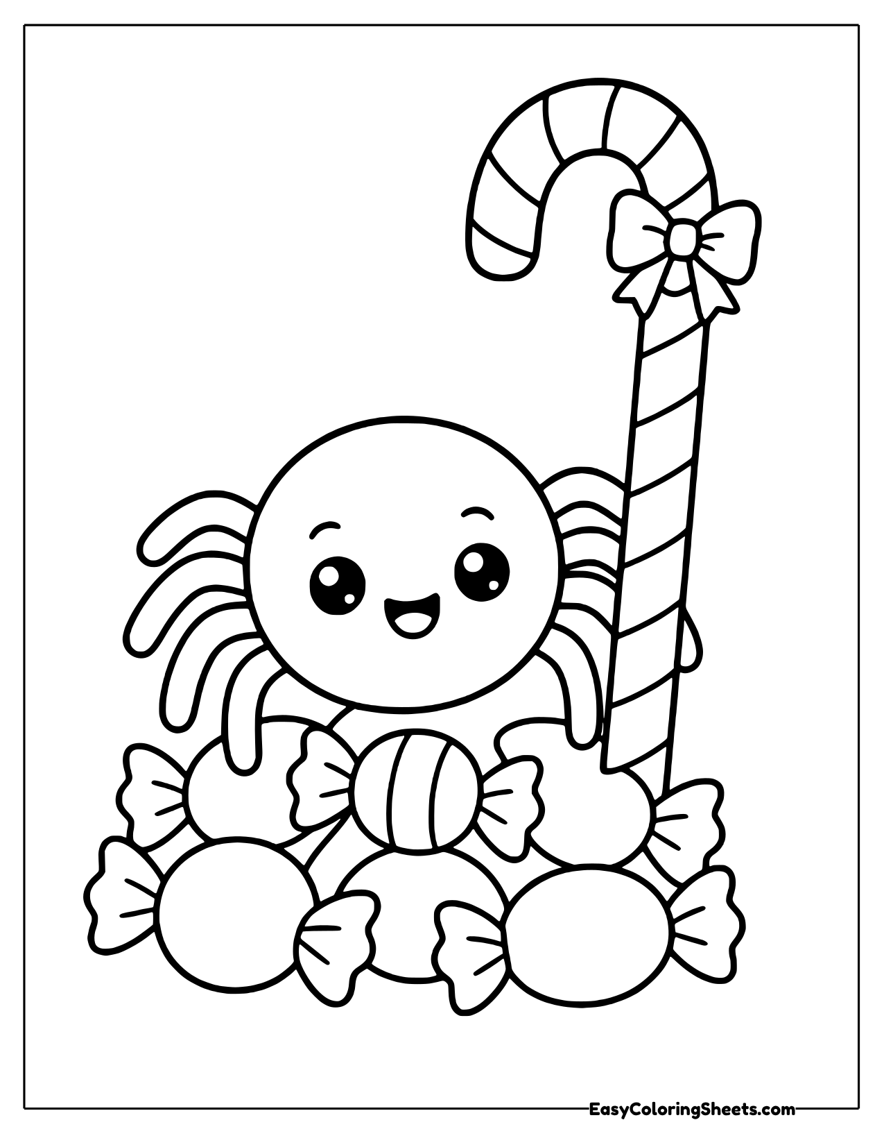 Spider beside a tall candy cane and wrapped candies