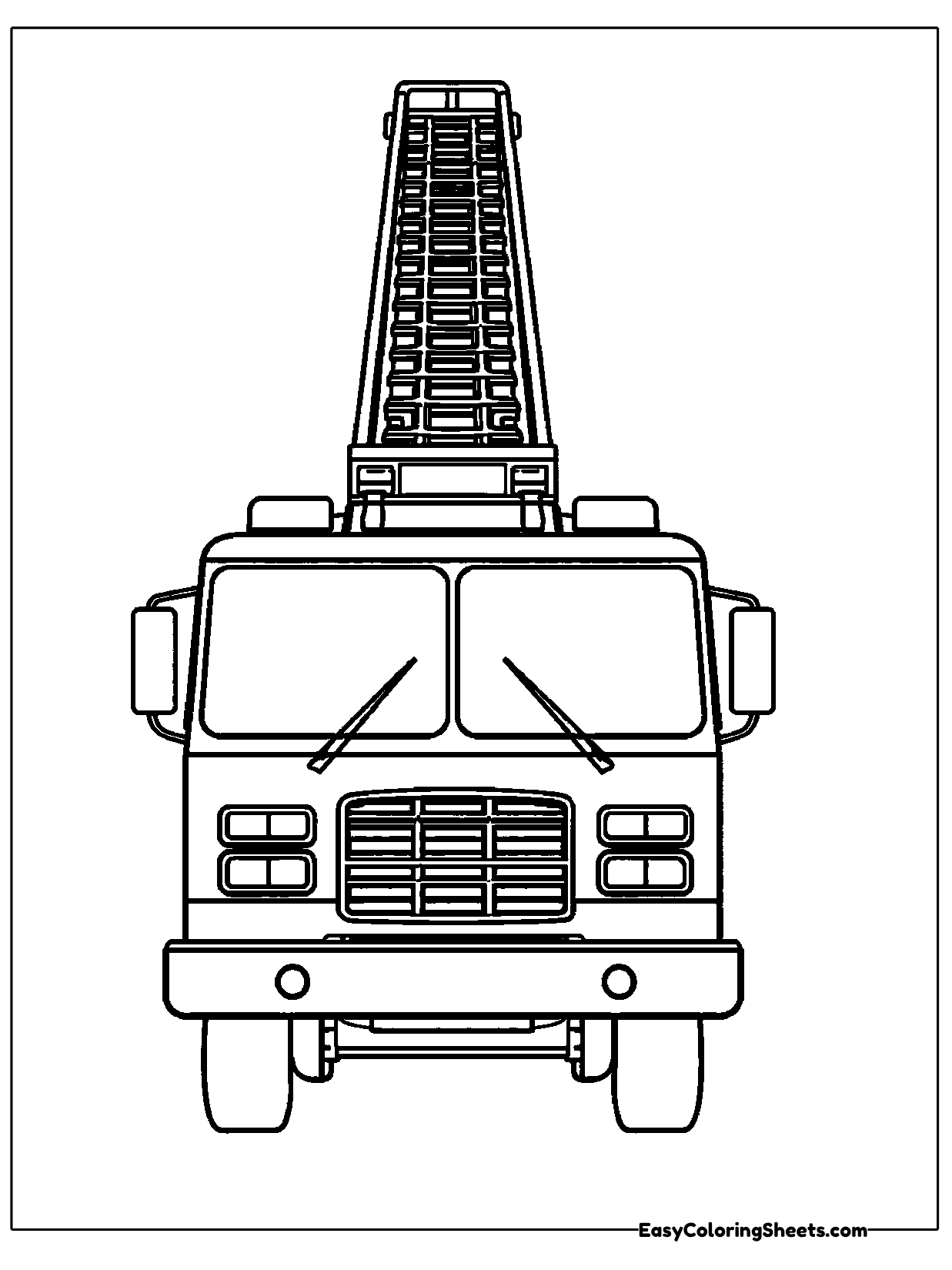 A fire truck seen from the front shows a tall ladder rising above the cab, rows of lights, a grille and big bumpers.