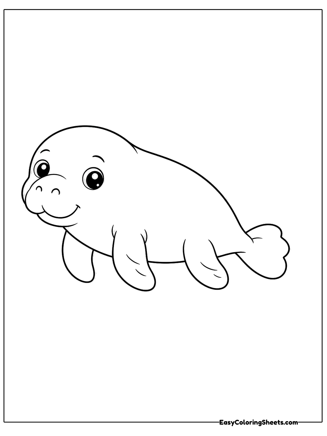 A baby manatee floats sideways with a round face, small flippers and a paddle-shaped tail.