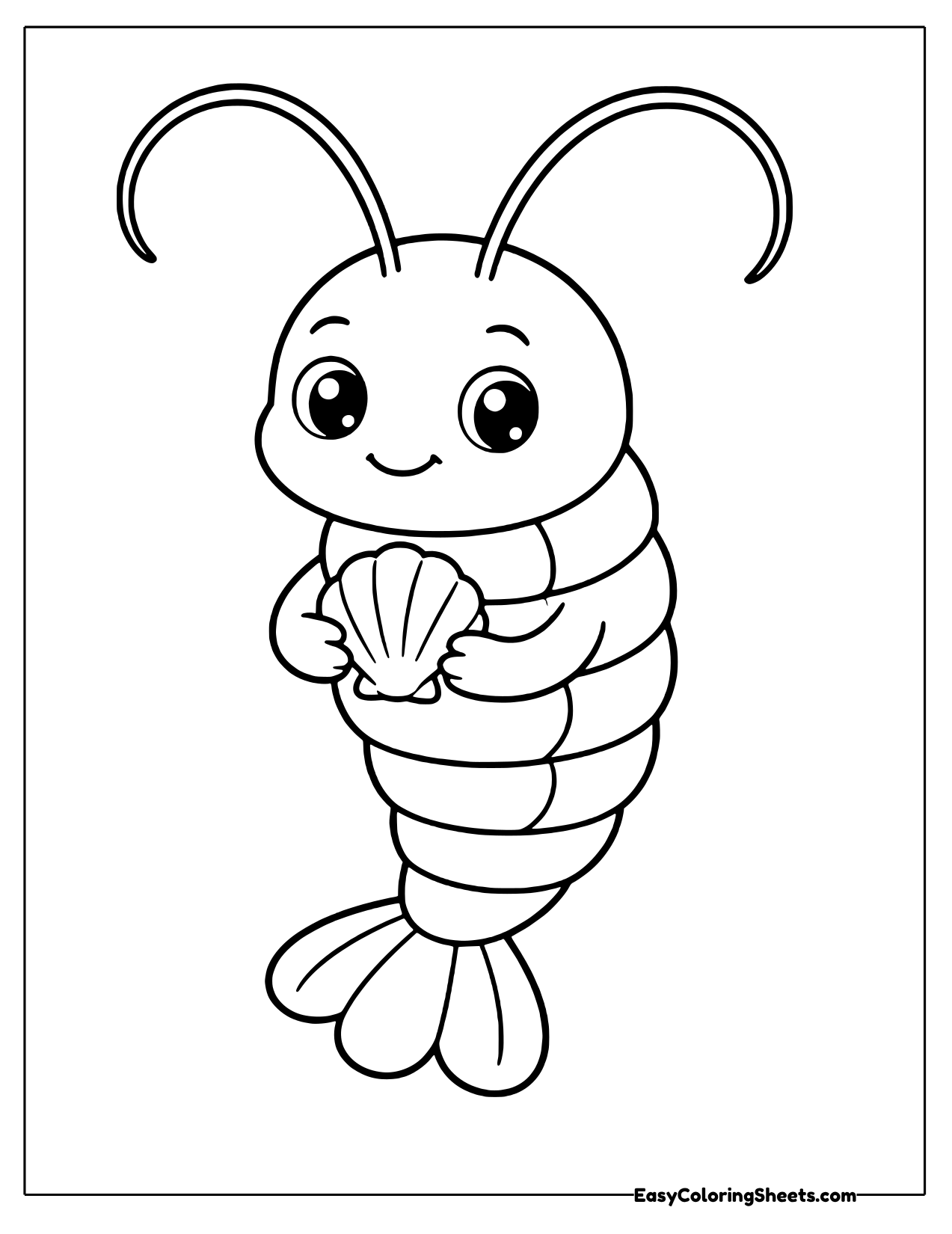 Upright shrimp holding a ridged seashell