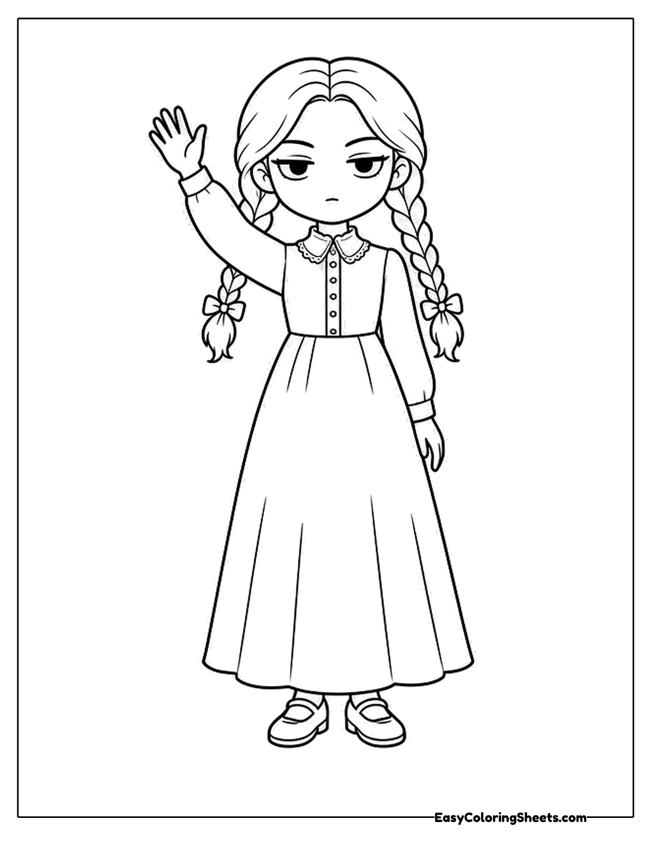 Girl with long braids waving in a long dress