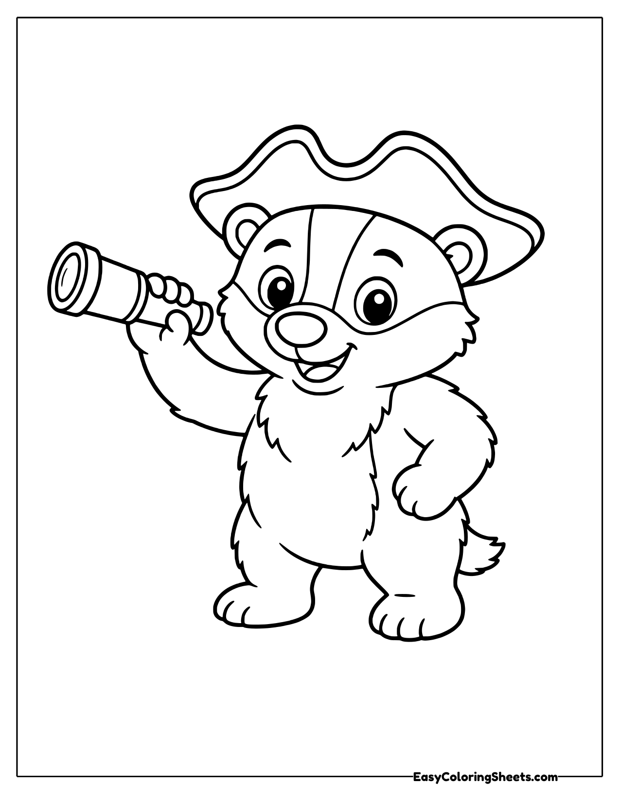 Pirate badger in a tricorn hat looking through a spyglass