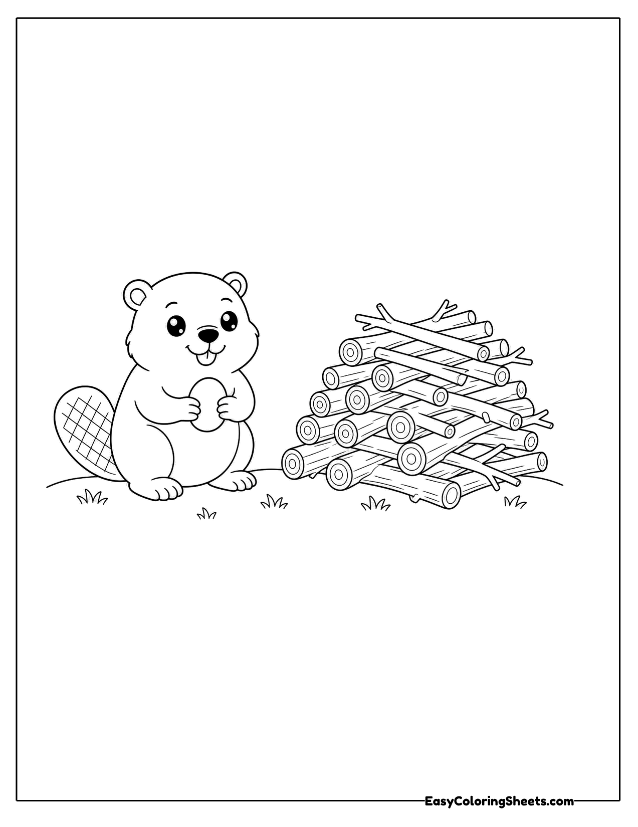 Beaver sitting beside a pile of dam sticks