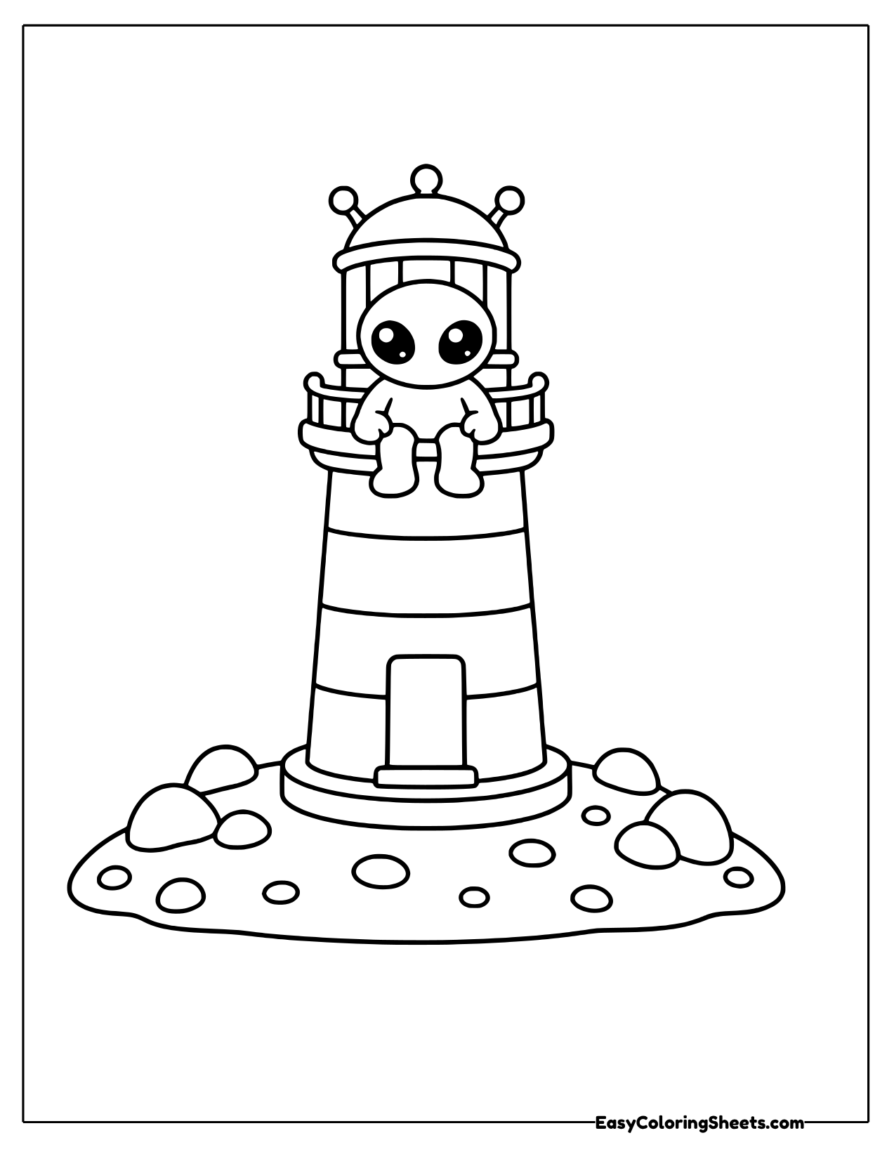 Alien peeking from the top of a striped lighthouse