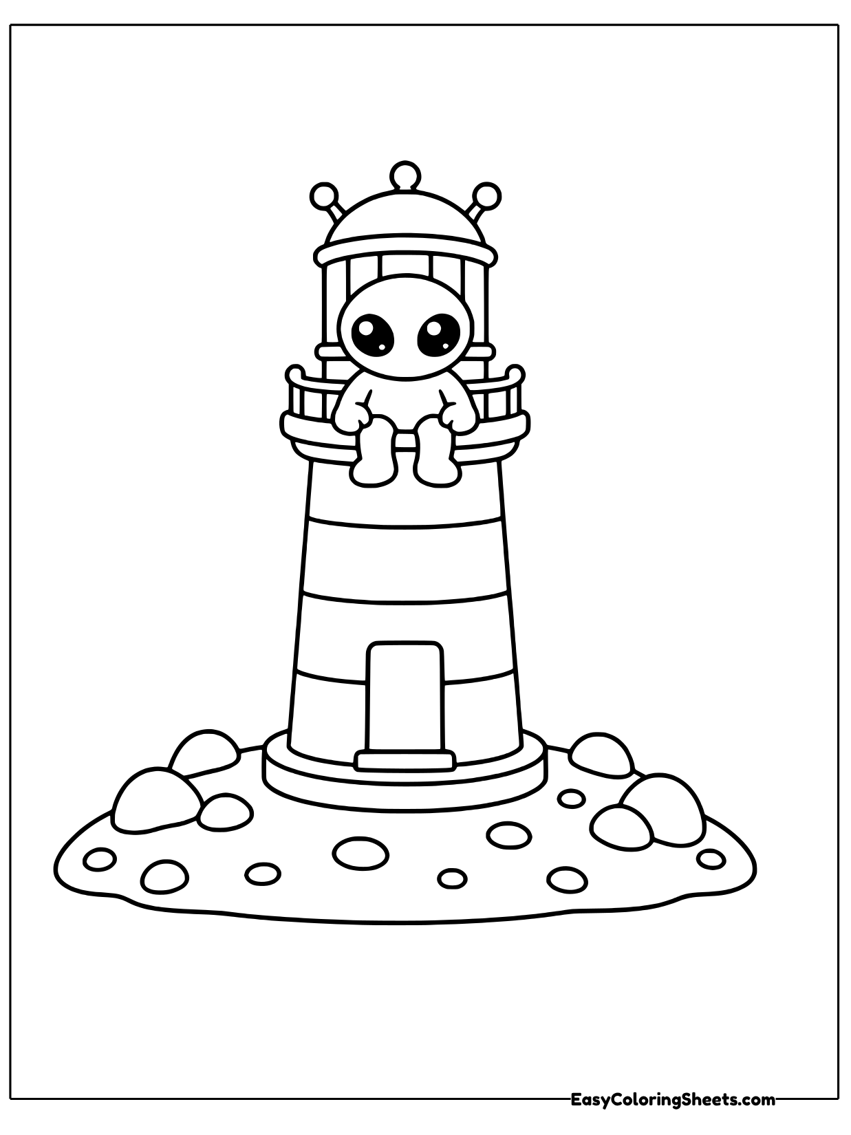 An alien peeks out from the lantern room at the top of a striped lighthouse that stands on a pile of moon rocks.