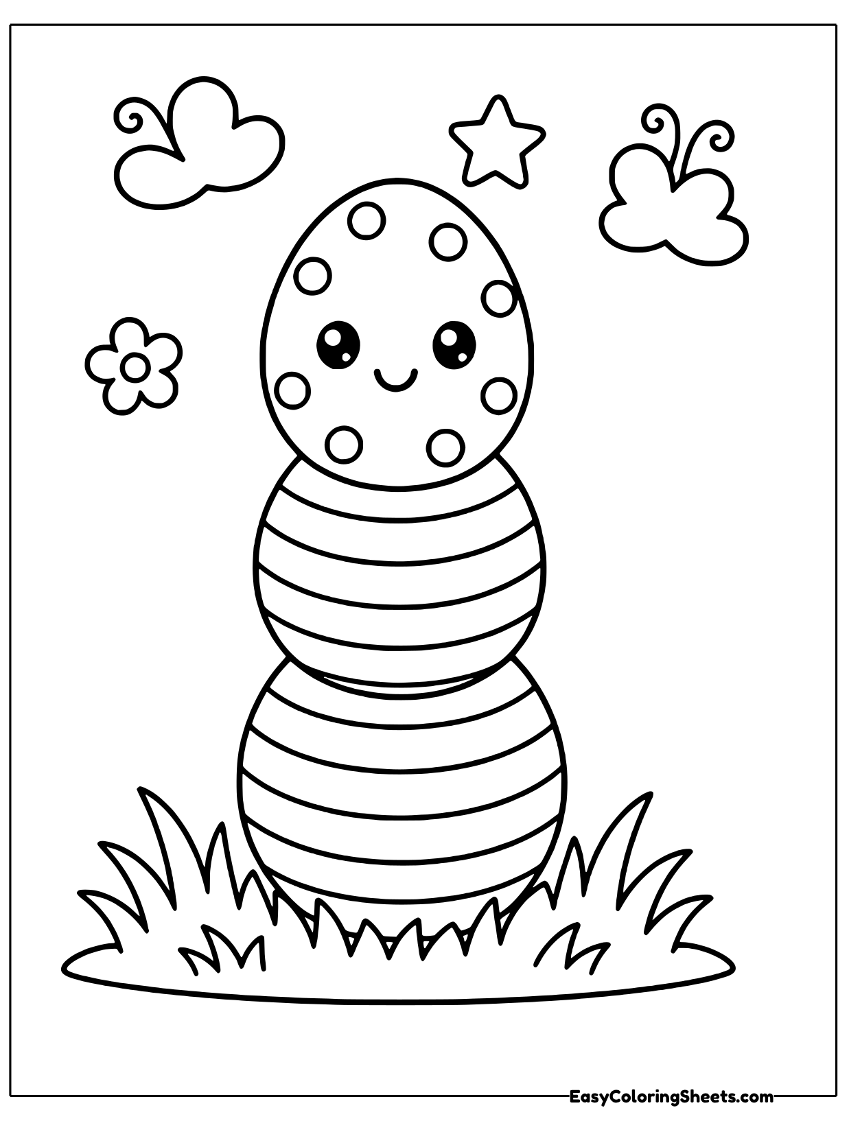 Three eggs are stacked into a tall tower, with a smiling face on the top egg and stripes on the others.