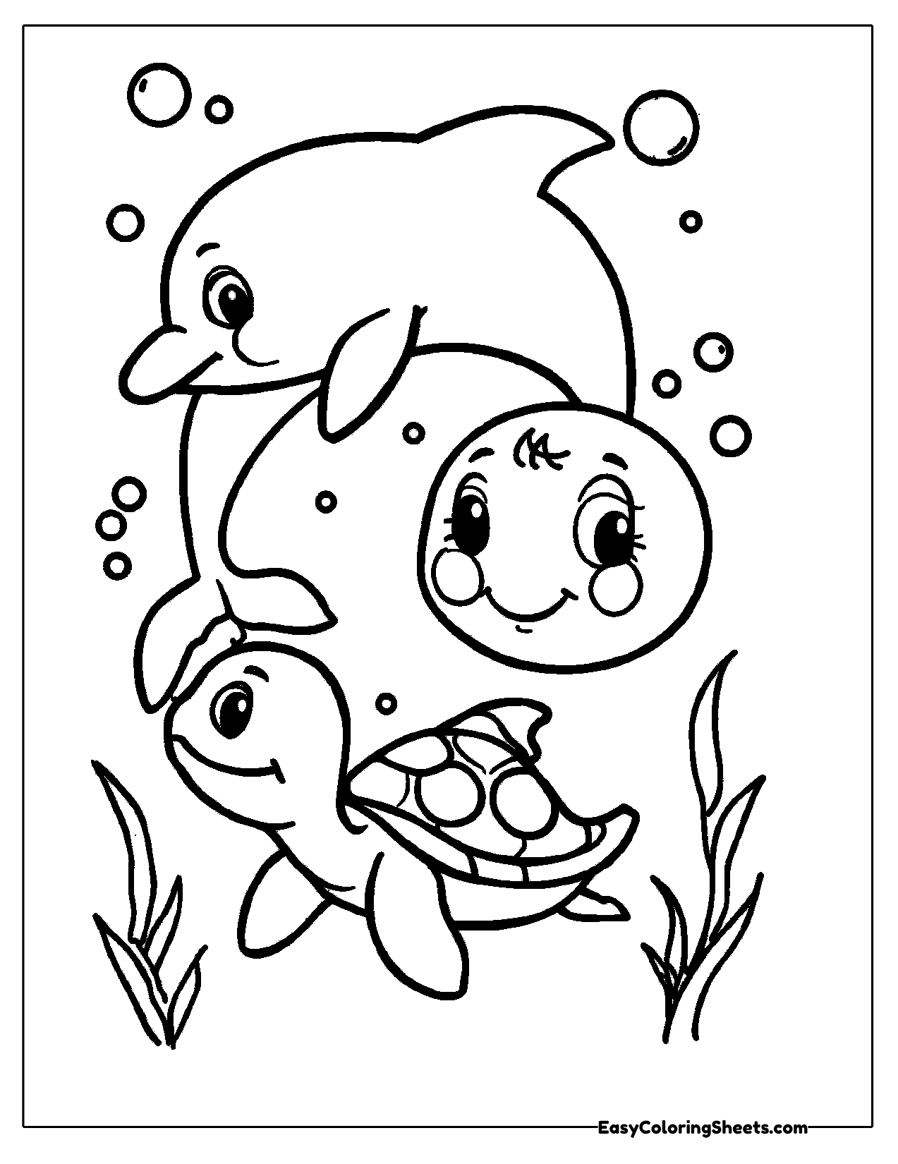 Ocean animals with a dolphin, fish and turtle
