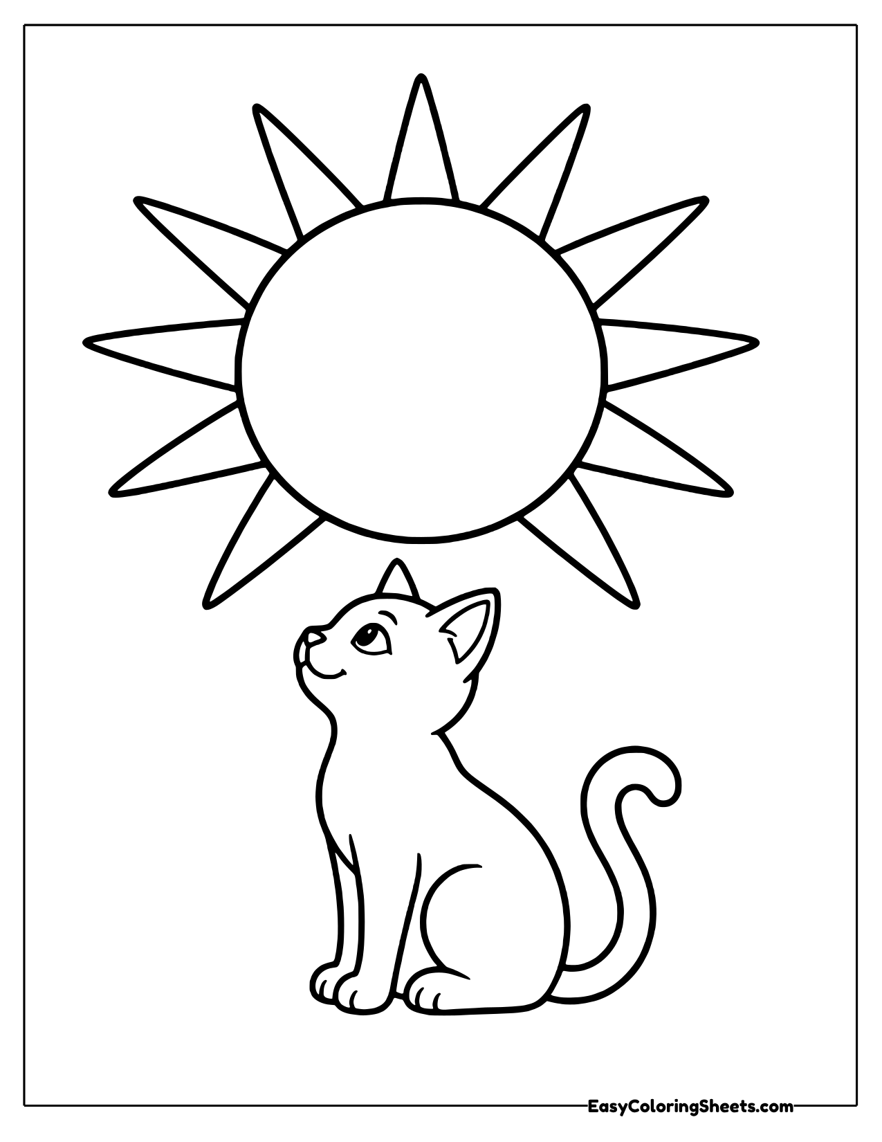 Big round sun with pointed rays above a small sitting cat