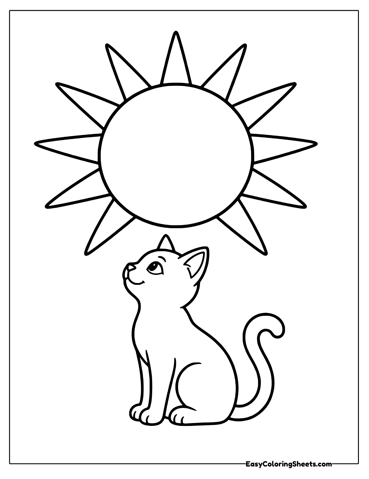 Big round sun with pointed rays above a small sitting cat