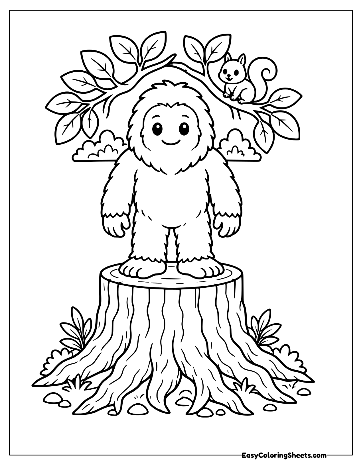 Bigfoot standing on a tree stump with a squirrel