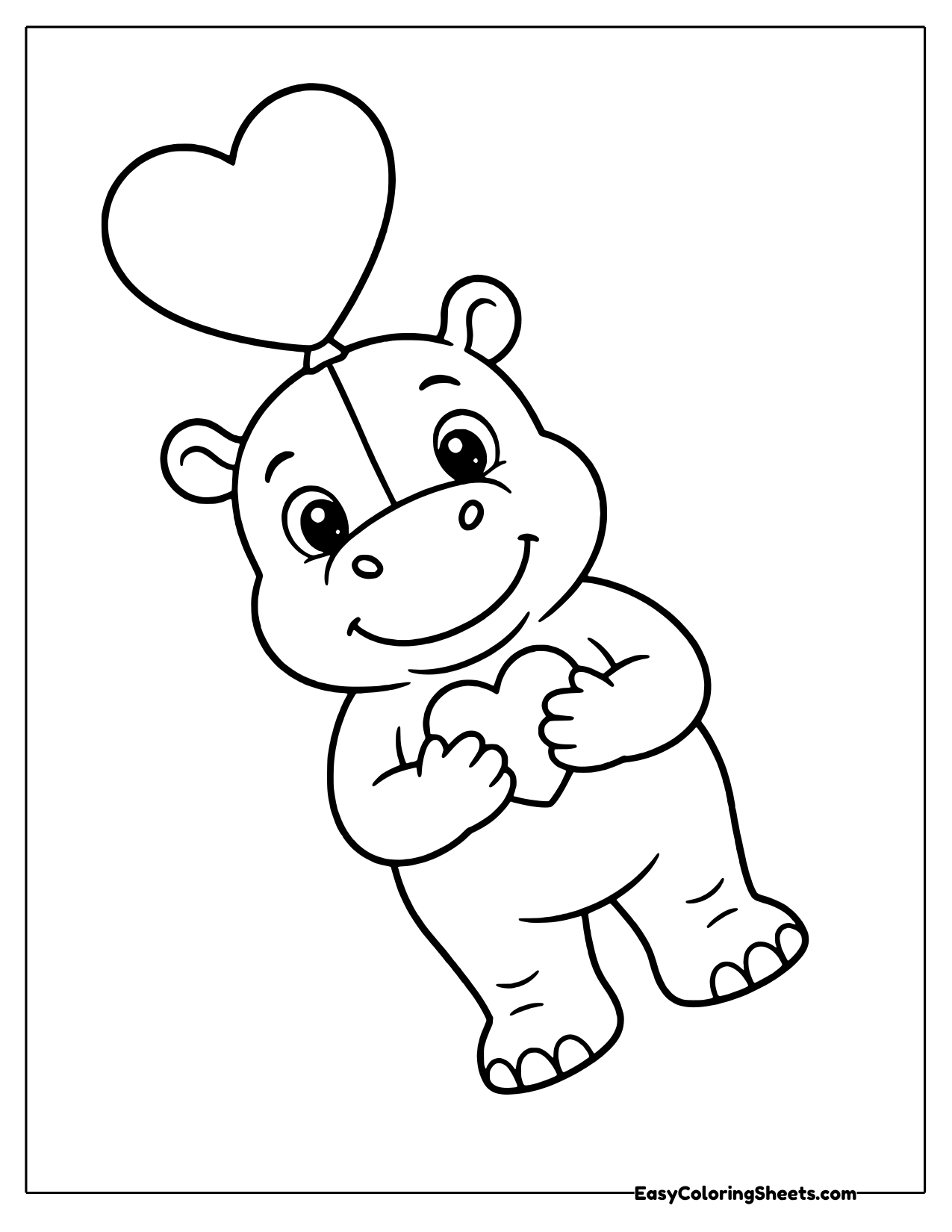 Hippo hugging a heart with a heart balloon above