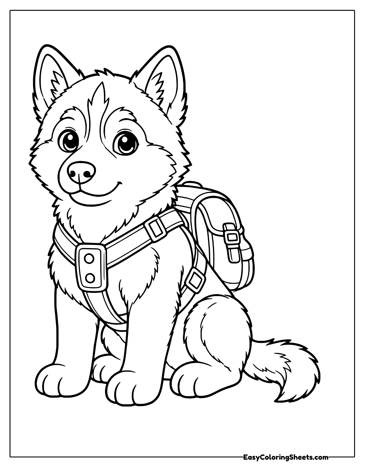 This husky sits wearing a padded harness with a small backpack strapped to its side.