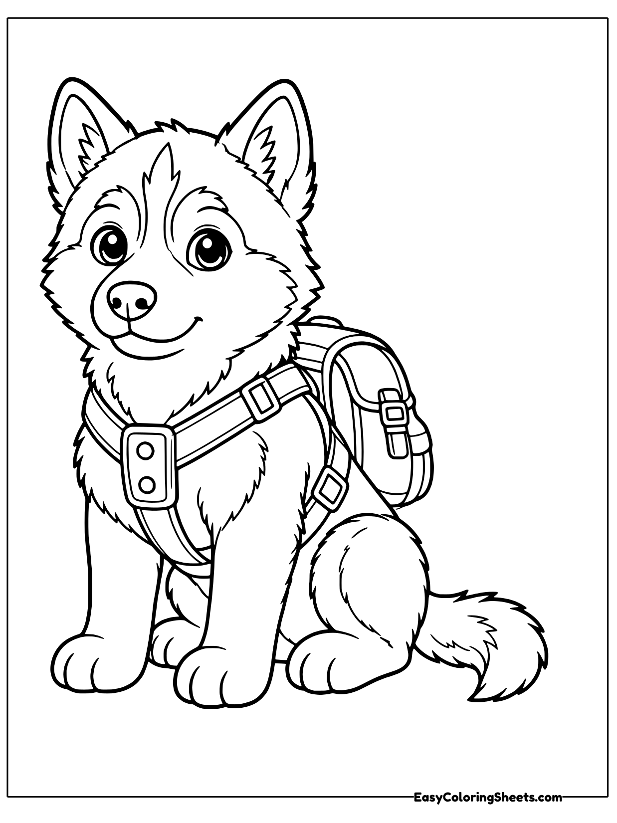 This husky sits wearing a padded harness with a small backpack strapped to its side.