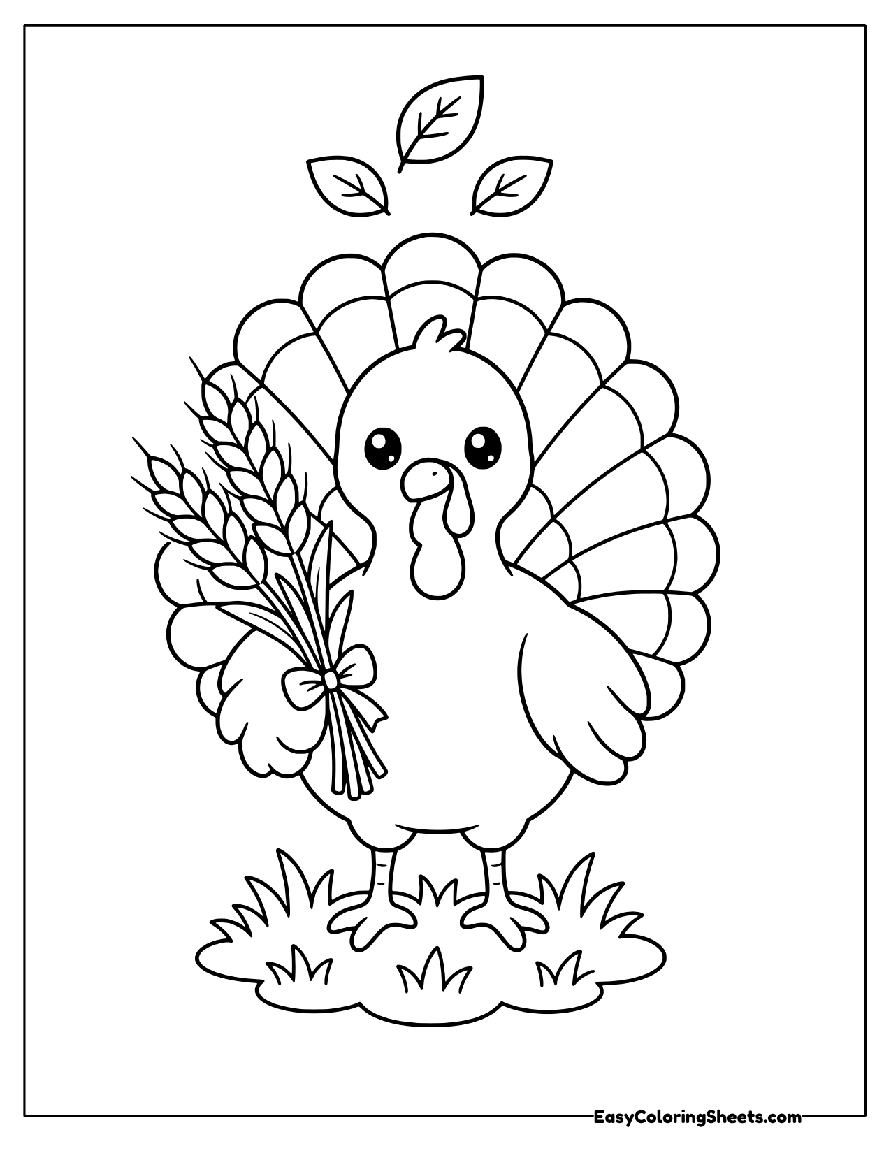 Turkey holding a bundle of wheat tied with a bow