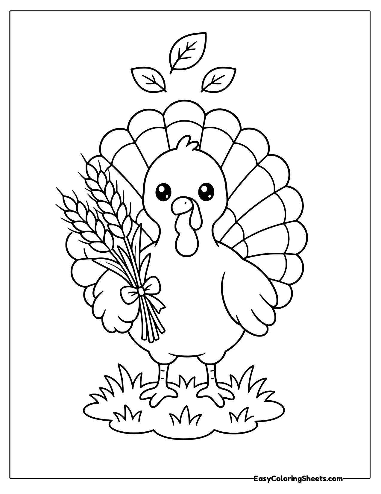 Turkey holding a bundle of wheat tied with a bow