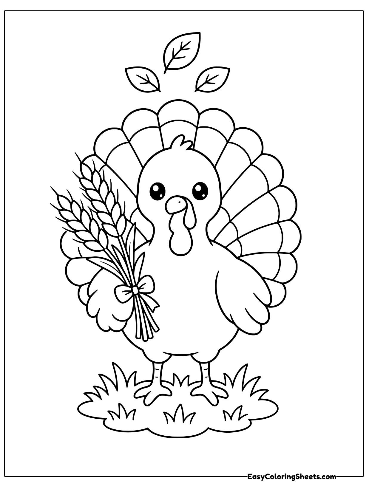 This turkey holds a bundle of wheat stalks tied with a ribbon bow, a classic harvest symbol for Thanksgiving.
